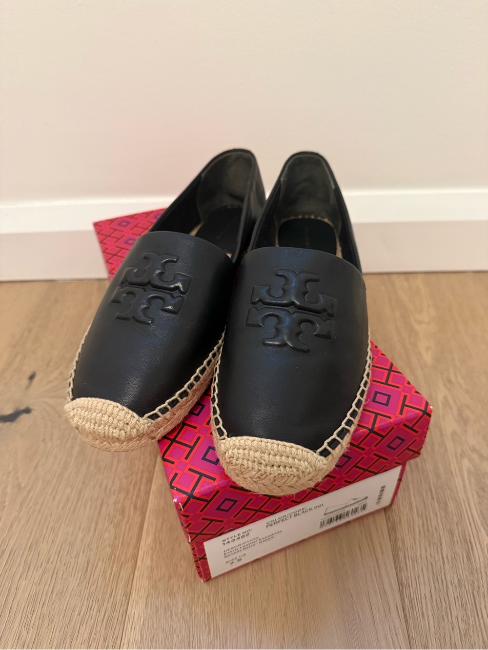 Tory Burch Black Leather Espadrille Slip-Ons with Braided Toe
